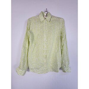 Hiho Tortola BVI Women Green White Print Long-Sleeve Linen Button-Up Shirt Small